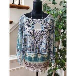 One World Women's‎ Gray 100% Polyester Round Neck Casual Top Blouse Size Medium